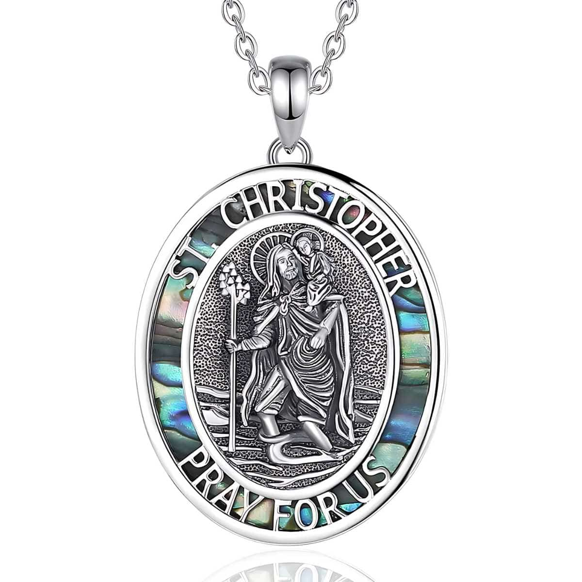 Sterling Silver St Christopher Medallion Abalone Shell with 18 inch Chain Xenos Jewelry