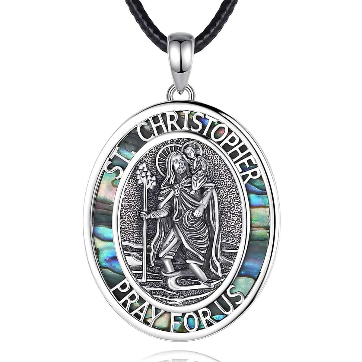 Sterling Silver St Christopher Medallion Abalone Shell with 24 inch Rope Xenos Jewelry