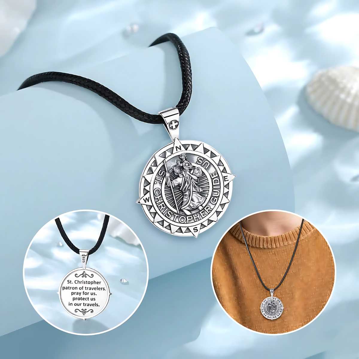 Sterling Silver St Christopher Medallion with Compass Details Xenos Jewelry