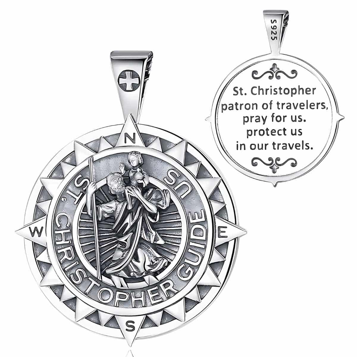 Sterling Silver St Christopher Medallion with Compass Pendant Only Xenos Jewelry