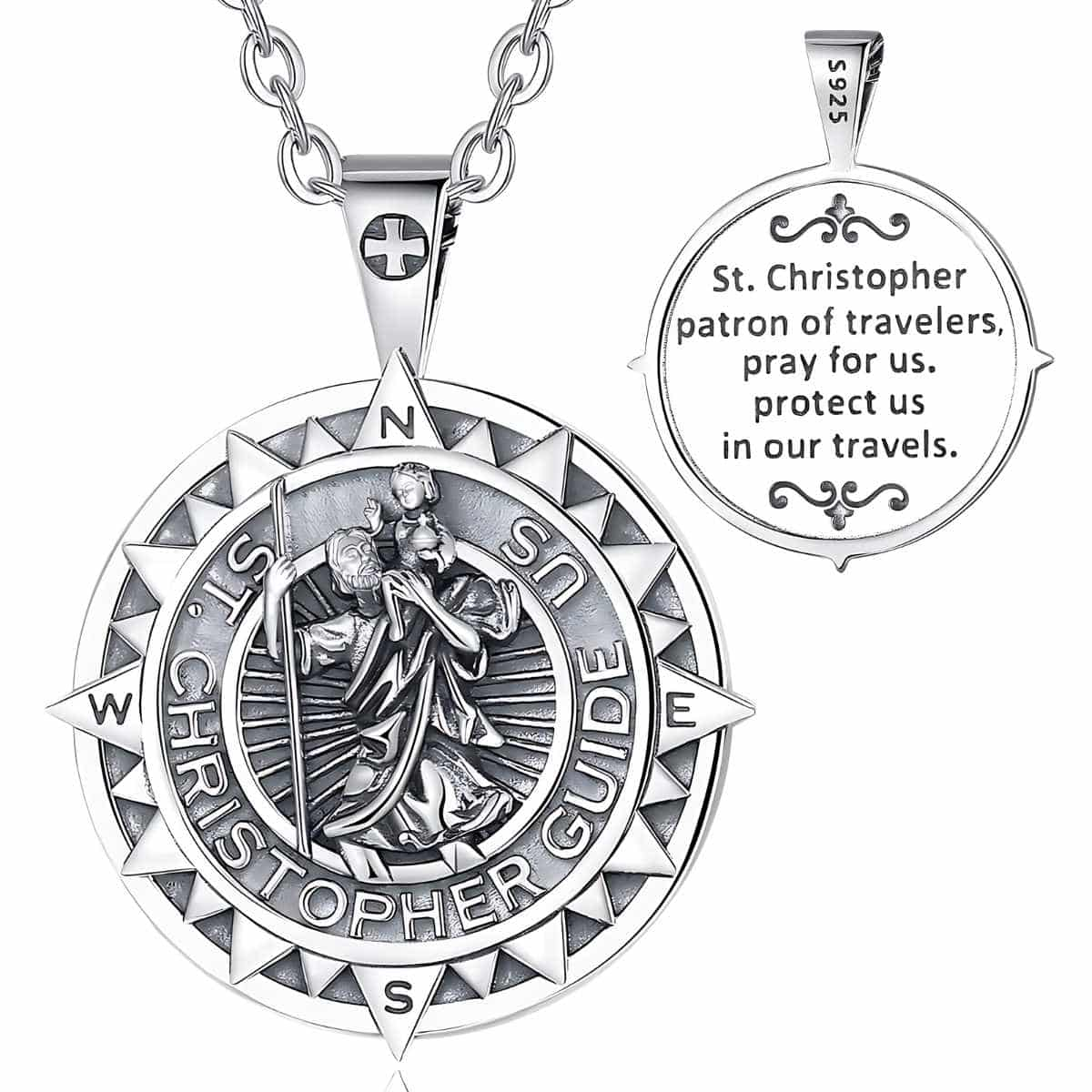 Sterling Silver St Christopher Medallion with Compass with 18 inch Chain Xenos Jewelry