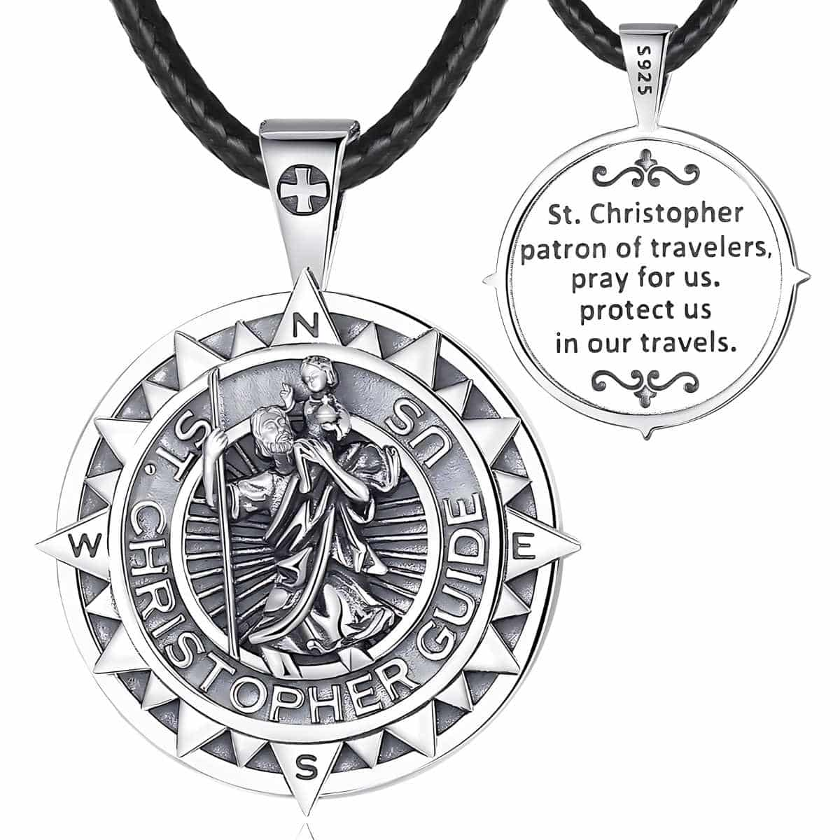 Sterling Silver St Christopher Medallion with Compass with 24 inch Rope Xenos Jewelry