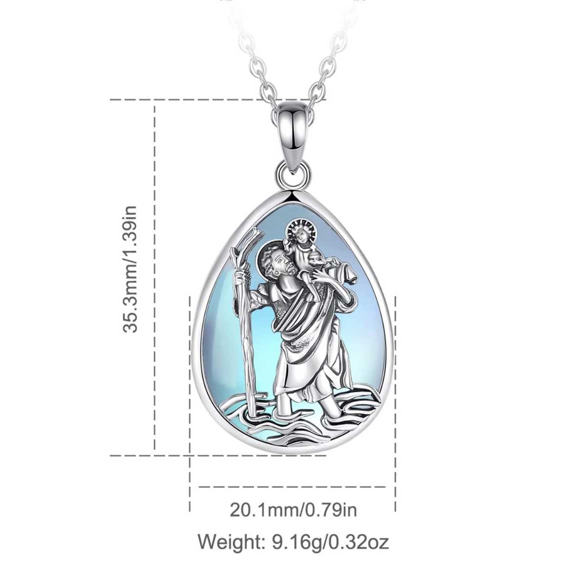 Sterling Silver St Christopher Pendant Moonstone Dimensions and Weight Xenos Jewelry