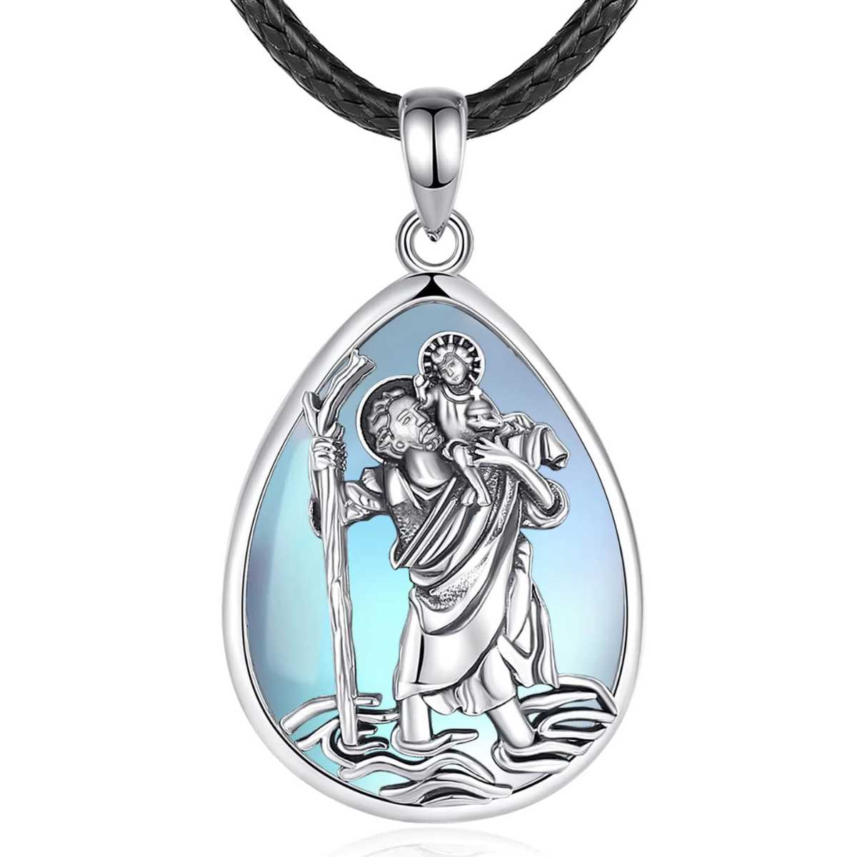 Sterling Silver St Christopher Pendant Moonstone with 24 inch Rope Xenos Jewelry