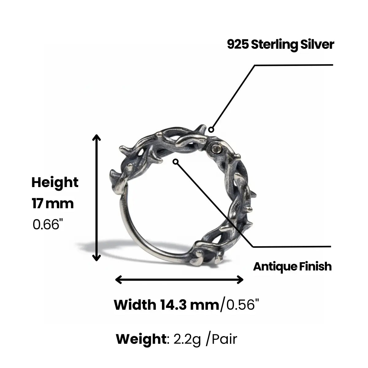 Sterling Silver Thorn Earrings Dimensions and Weight