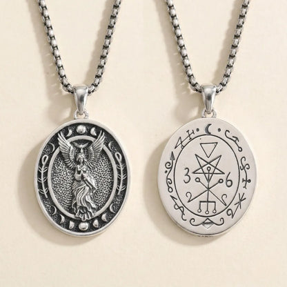 Sterling Silver Triple Moon Goddess Lilith Sigil Pendant Necklace Front and Back Side