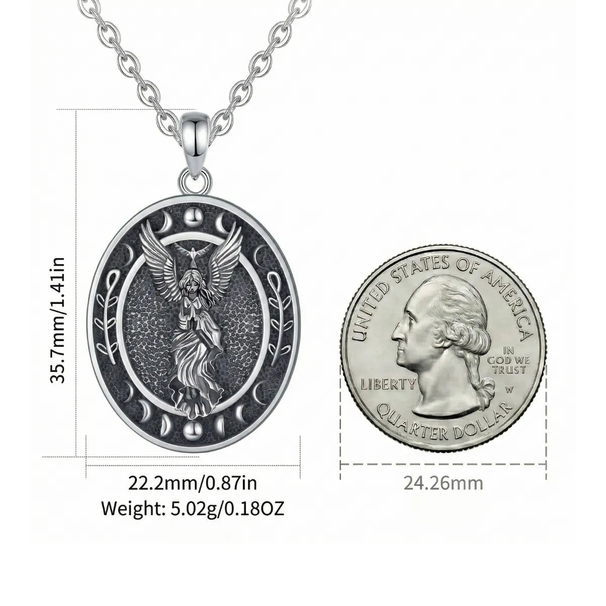 Sterling Silver Triple Moon Goddess Lilith Sigil Pendant Necklace Size Comparison