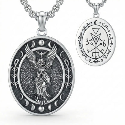 Sterling Silver Triple Moon Goddess Lilith Sigil Pendant Necklace with 55cm Stainless Steel Chain