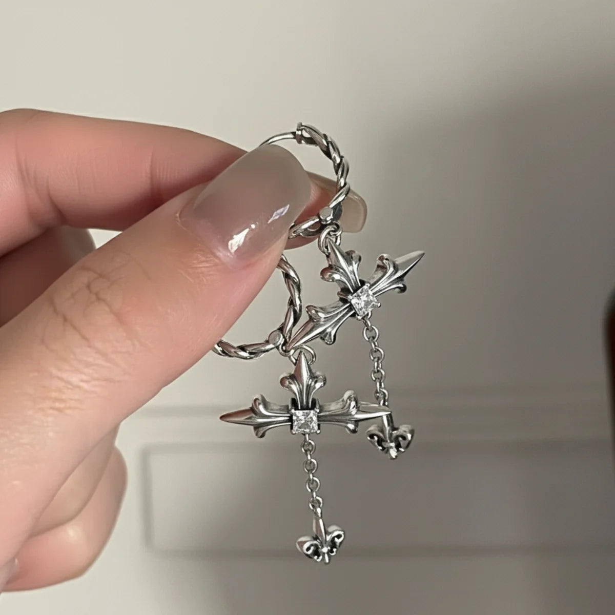 Sterling Silver Twisted Hoop Cross Dangle Earrings Close Up