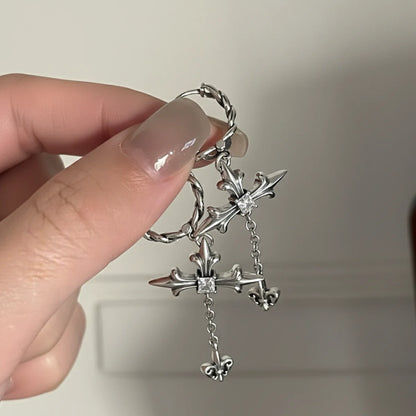 Sterling Silver Twisted Hoop Cross Dangle Earrings Close Up