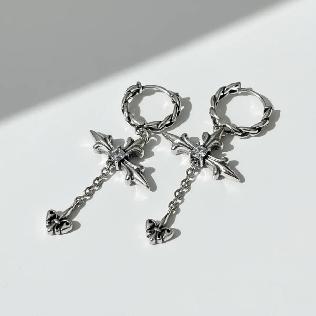 Sterling Silver Twisted Hoop Cross Dangle Earrings Front