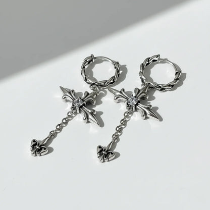 Sterling Silver Twisted Hoop Cross Dangle Earrings Front