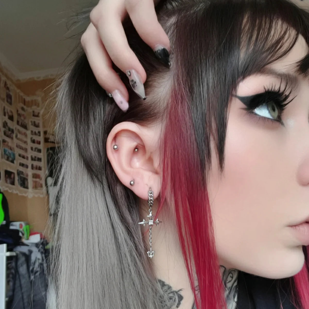 Sterling Silver Twisted Hoop Cross Dangle Earrings Worn by Female Model