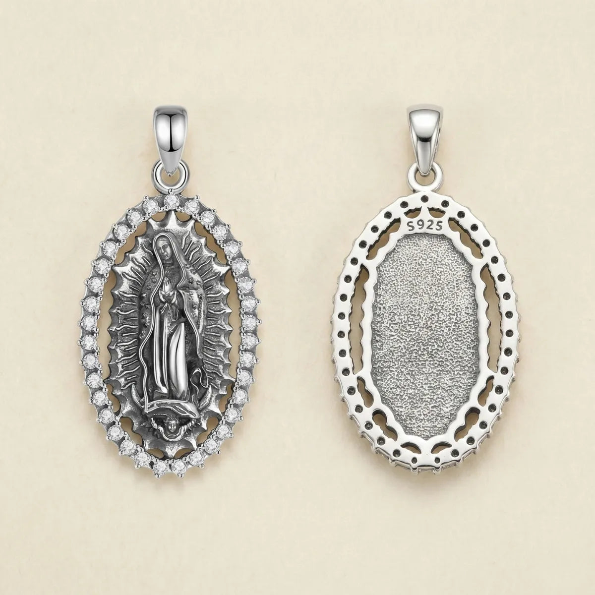 Sterling Silver Virgin Mary Halo Pendant Necklace with CZ Front and Back Side