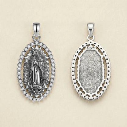 Sterling Silver Virgin Mary Halo Pendant Necklace with CZ Front and Back Side
