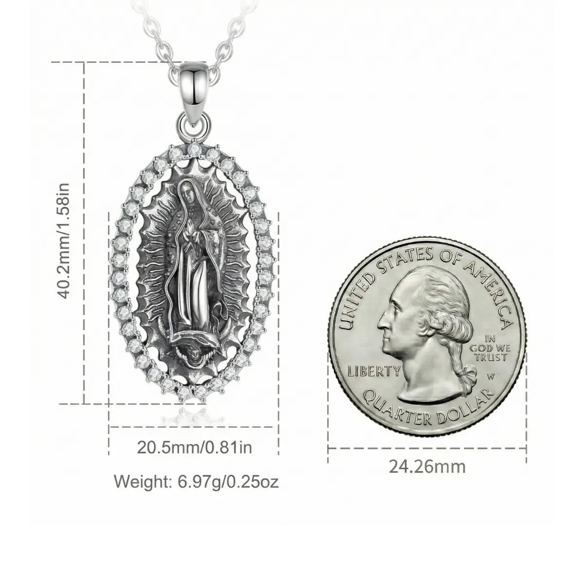 Sterling Silver Virgin Mary Halo Pendant Necklace with CZ Size Comparison