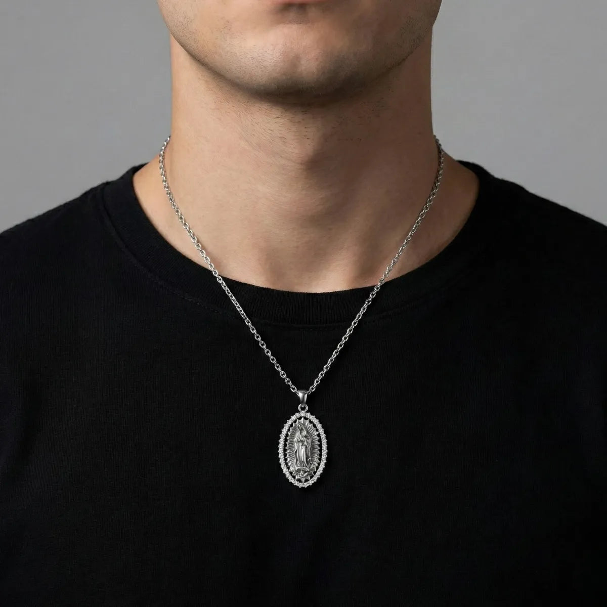 Sterling Silver Virgin Mary Halo Pendant Necklace with CZ Worn by Male Model