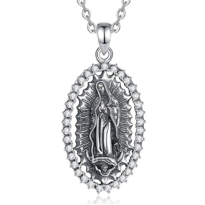 Sterling Silver Virgin Mary Halo Pendant Necklace with CZ with 18inch Chain