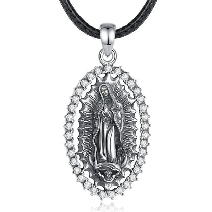 Sterling Silver Virgin Mary Halo Pendant Necklace with CZ with 24inch Rope