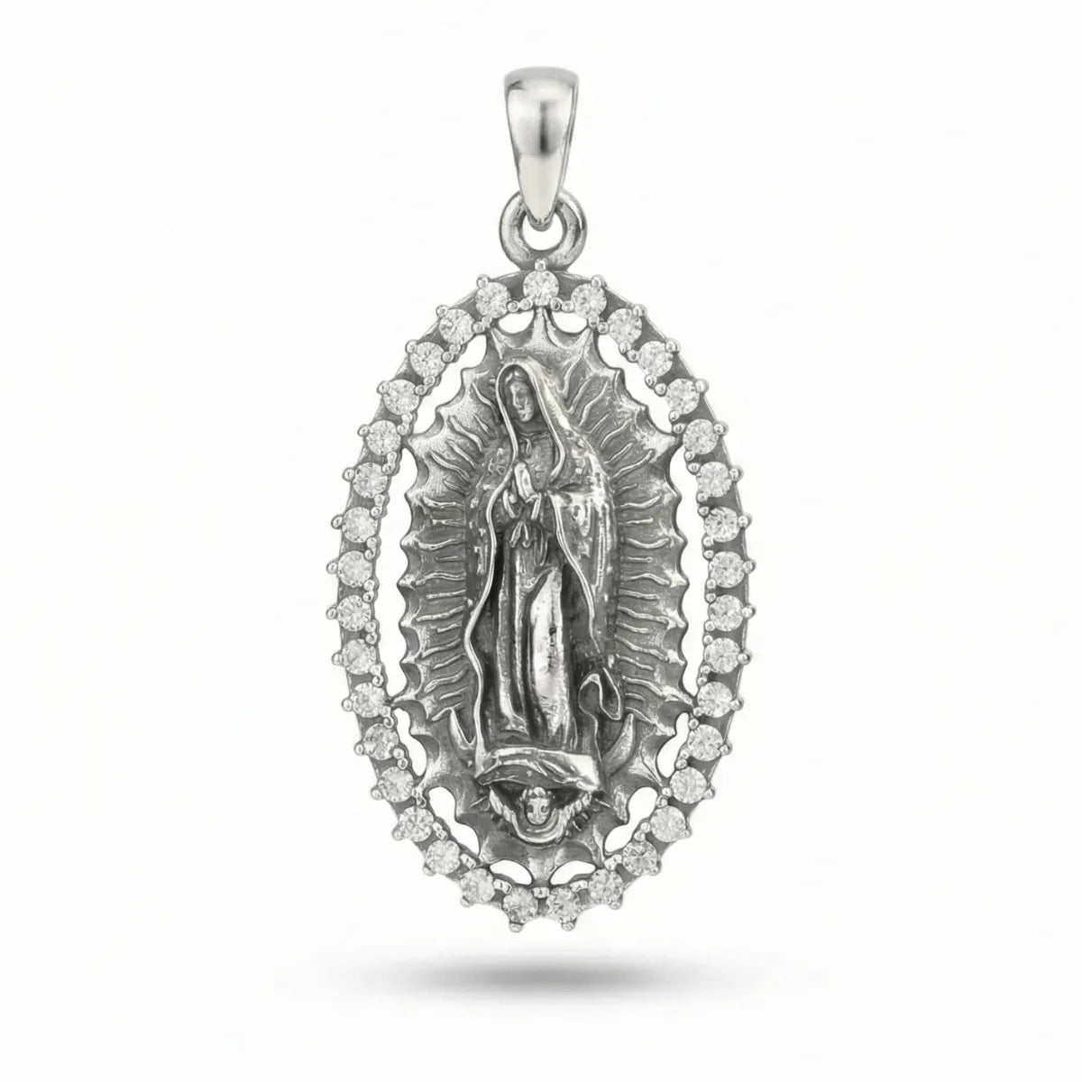 Sterling Silver Virgin Mary Halo Pendant Necklace with CZ