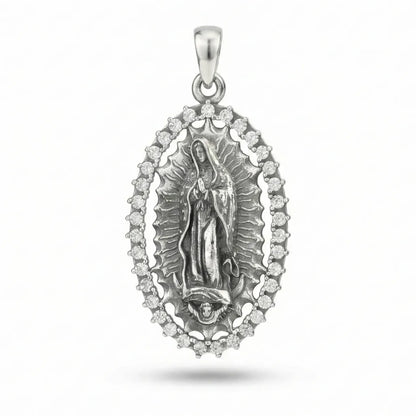 Sterling Silver Virgin Mary Halo Pendant Necklace with CZ