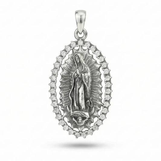 Sterling Silver Virgin Mary Halo Pendant Necklace with CZ
