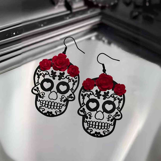 Sugar Skull with Roses Drop Earrings A Style - Xenos Jewelry