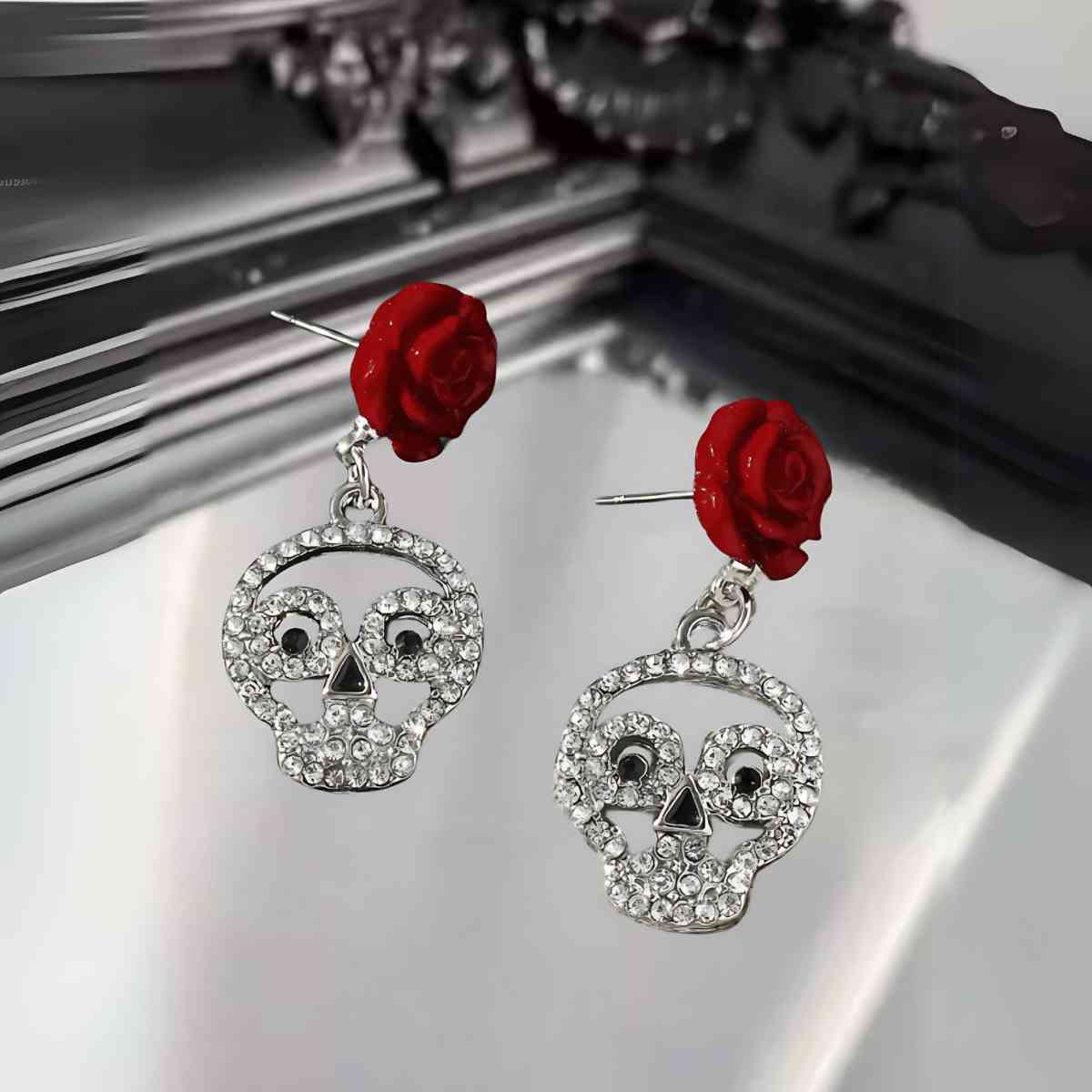 Sugar Skull with Roses Drop Earrings B Style - Xenos Jewelry