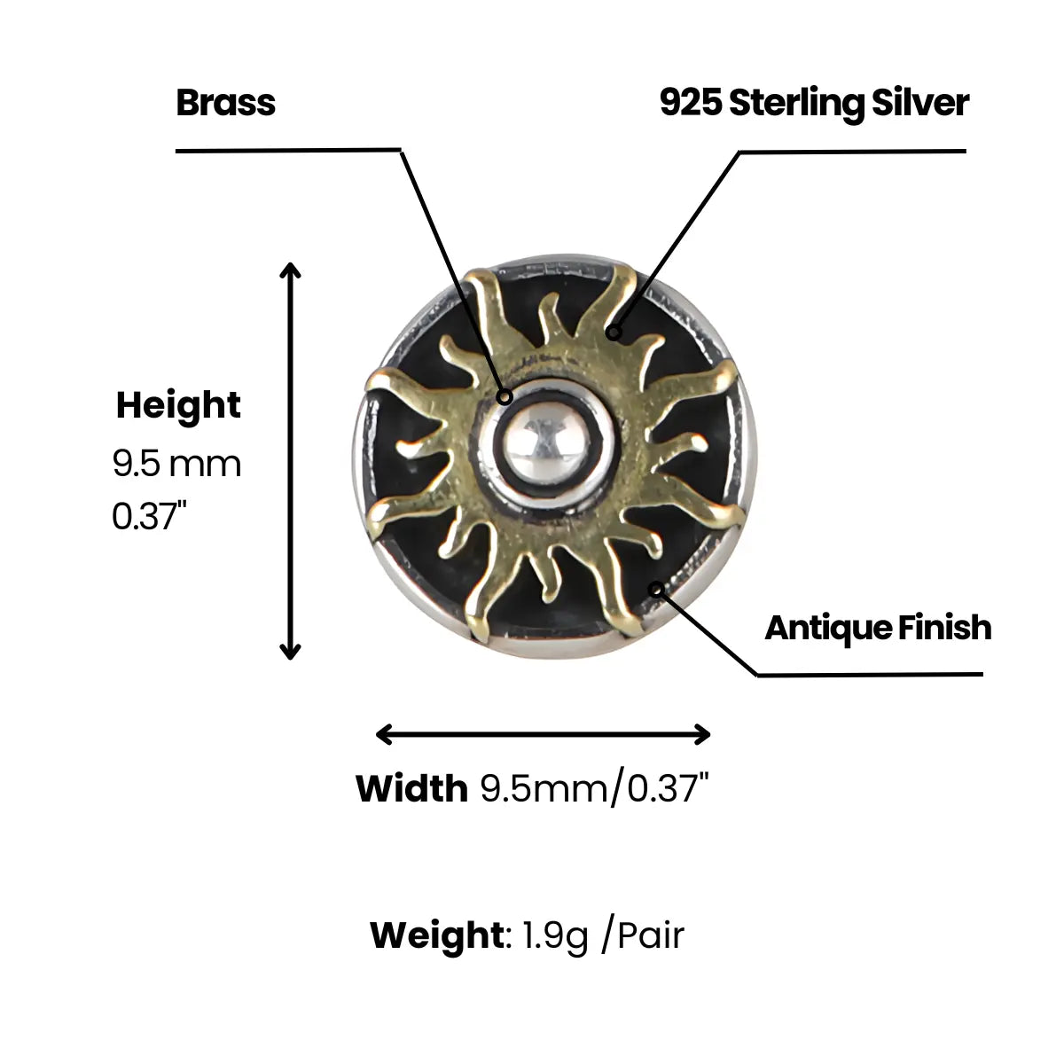 Sun stud earrings gold dimensions and weight