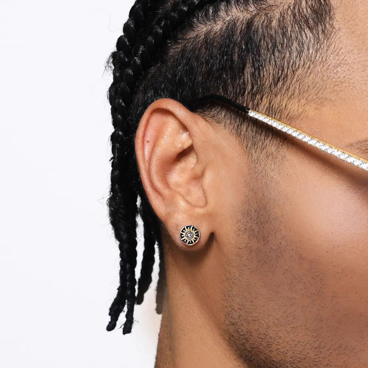 Sun stud earrings gold worn by male model