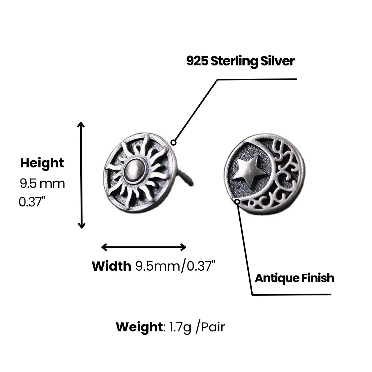 Sun and moon studs earrings dimensions and weight