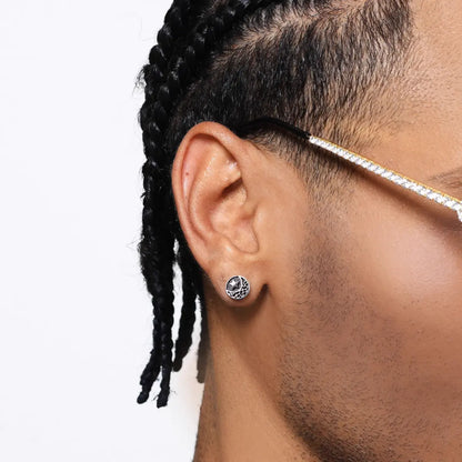 Sun and moon studs earrings worn by male model