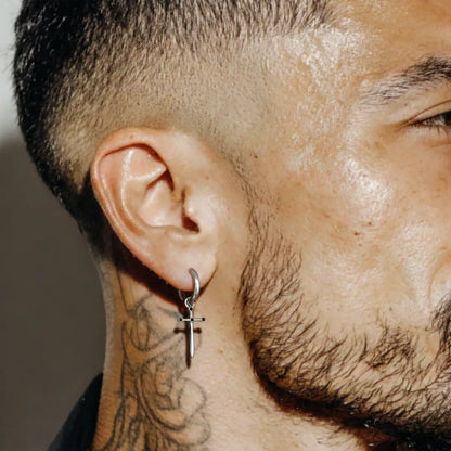 Sword Blade Earrings Worn by Male Model