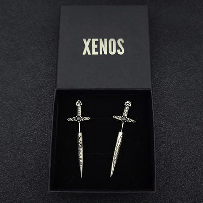 Sword Earrings Through Ear Presented in Box