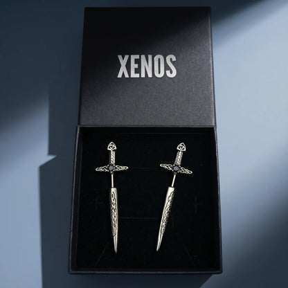 Sword Earrings Through Ear Style A Inside a Xenos Jewelry Box