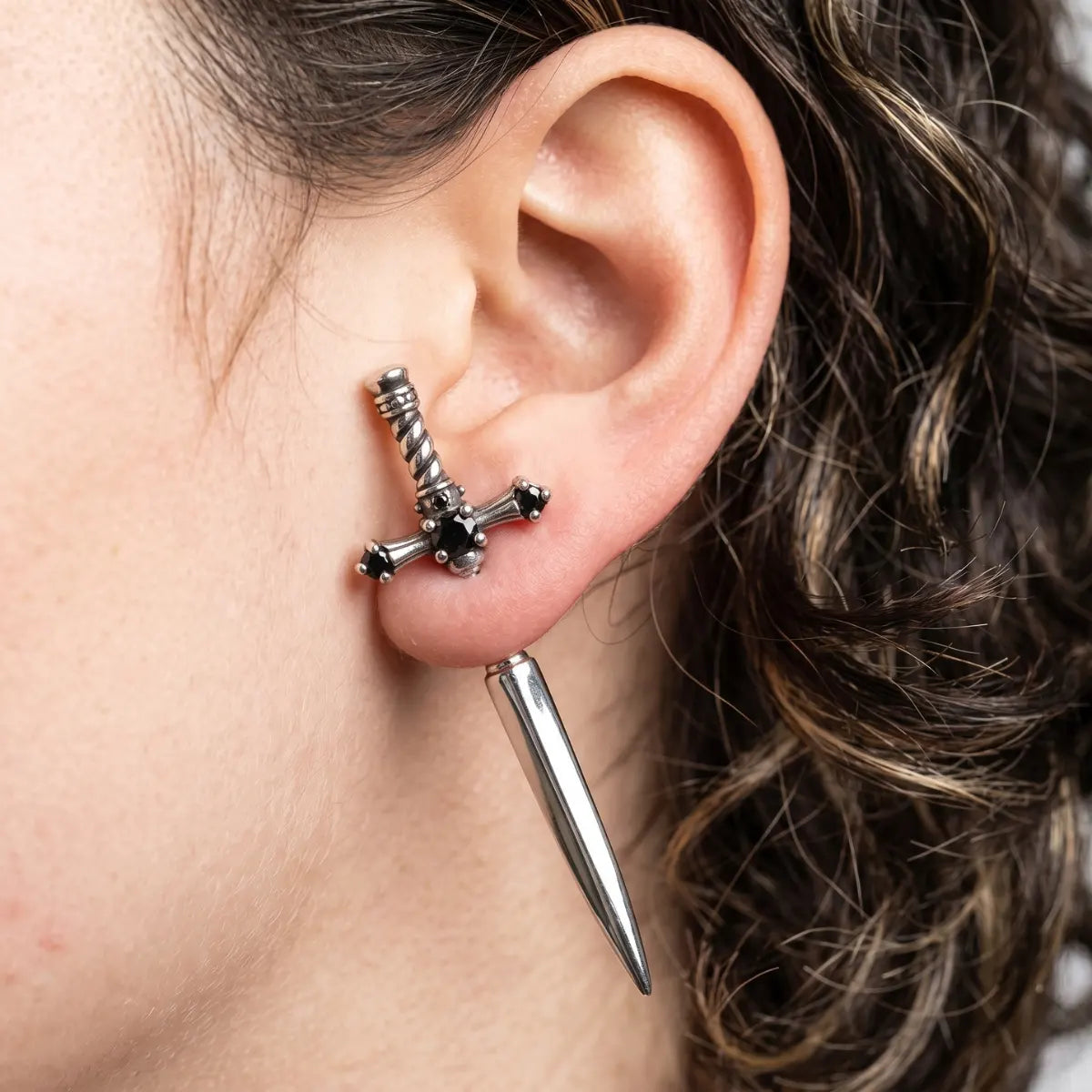 Sword Earrings Through Ear Style B Worn by Female Model