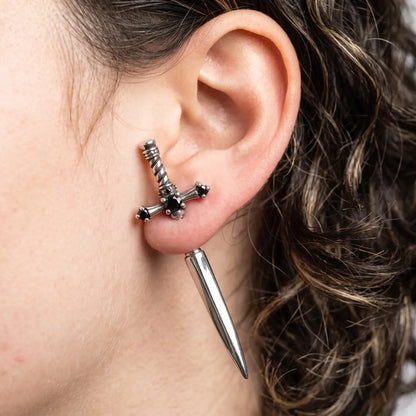 Sword Earrings Through Ear Style B Worn by Female Model