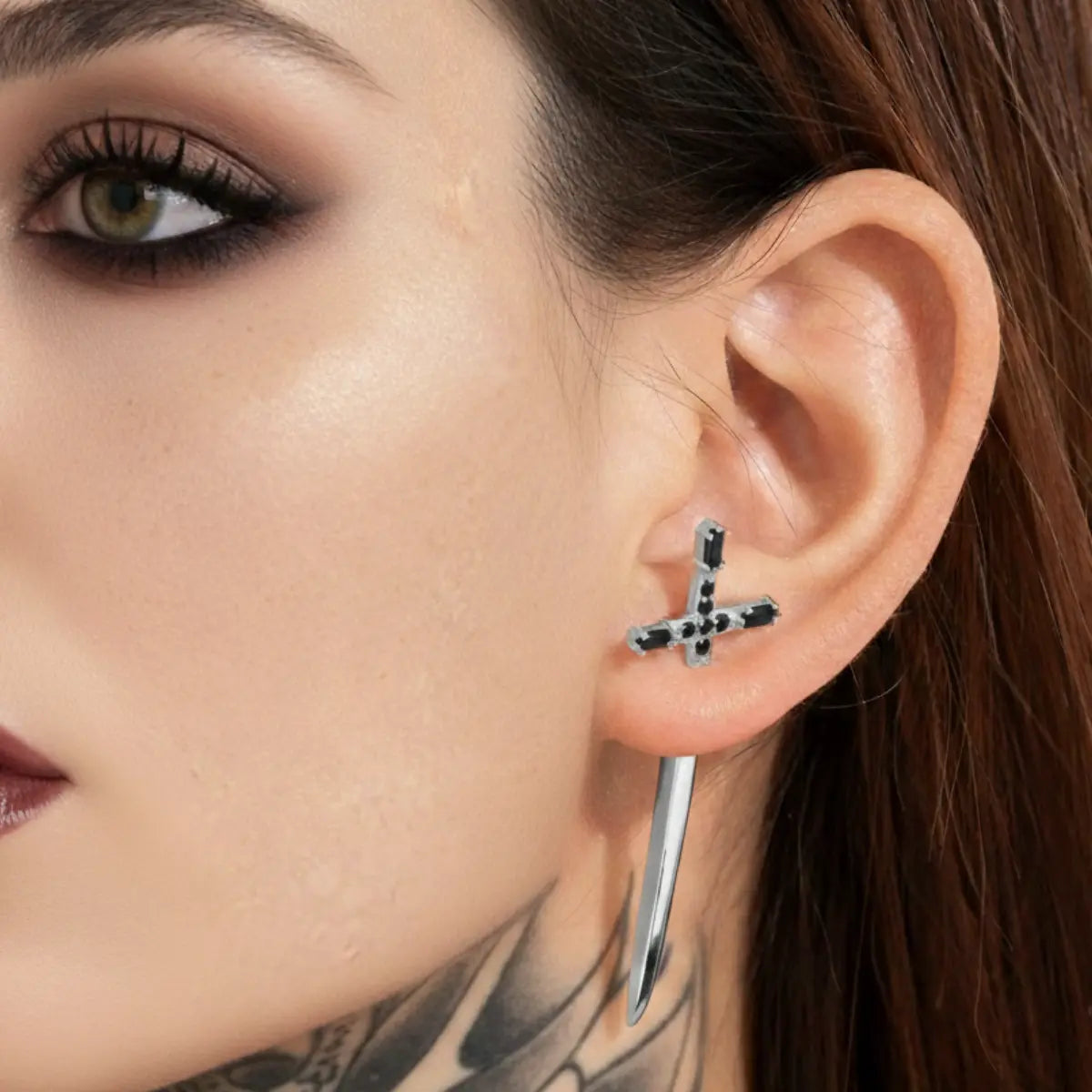 Sword Stud Earrings Sterling Silver Worn by Female Model