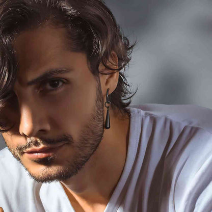 Teardrop Hoop Earrings Black Worn by Male Model