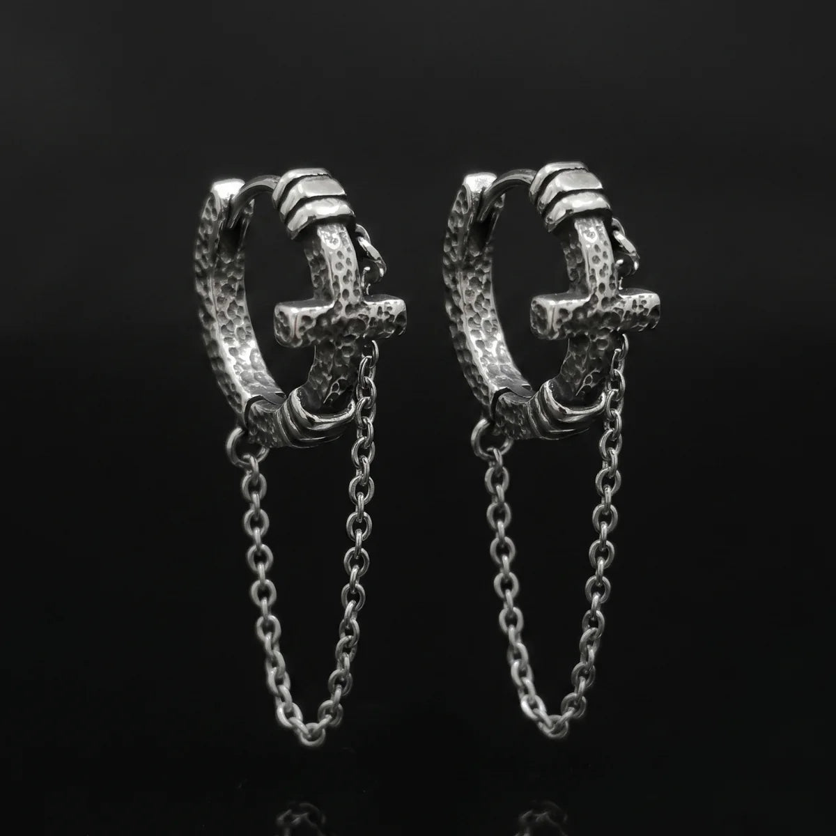 Textured Cross Chain Hoop Earrings Front Details