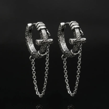 Textured Cross Chain Hoop Earrings Front Details