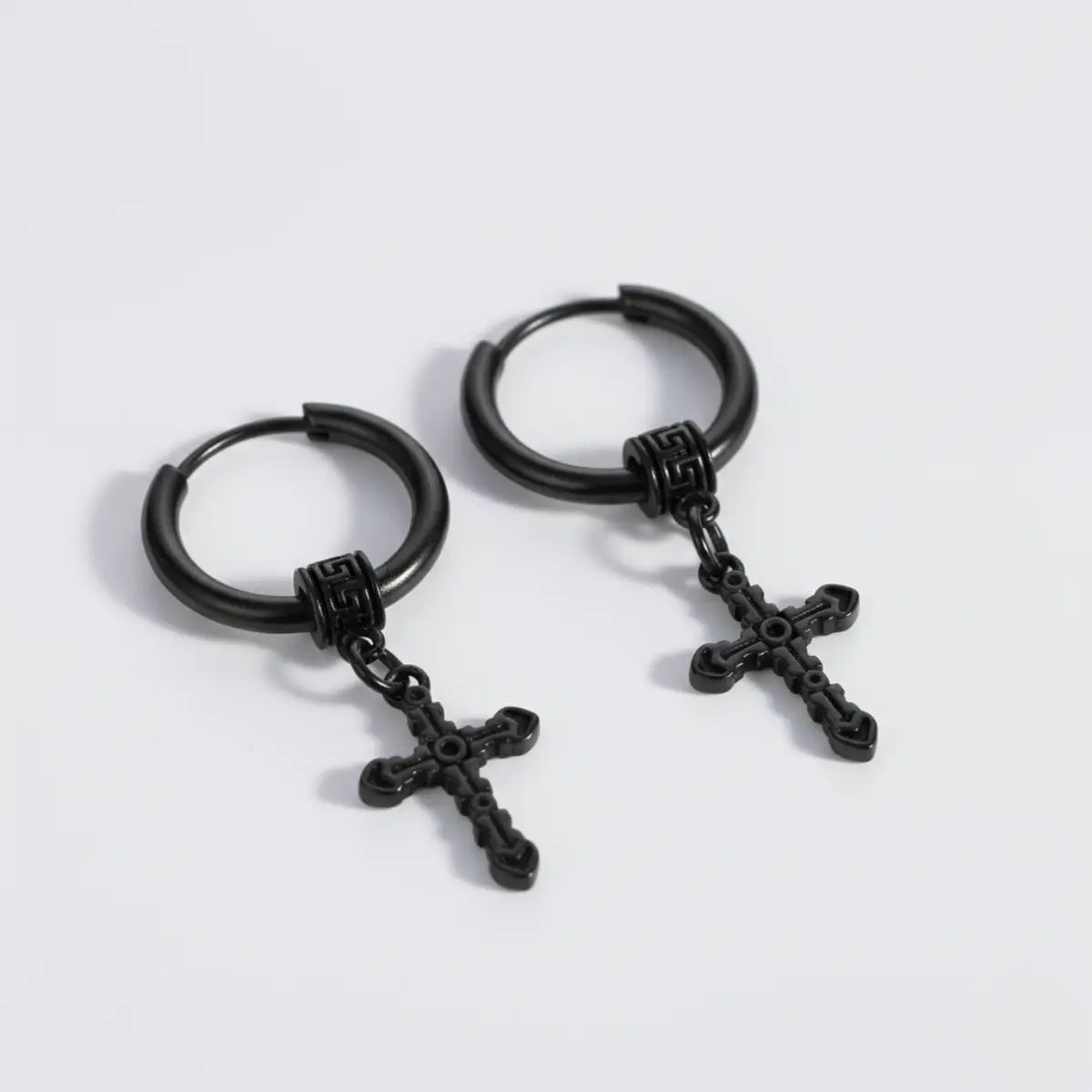 Textured Cross Dangle Hoop Earrings Black Details