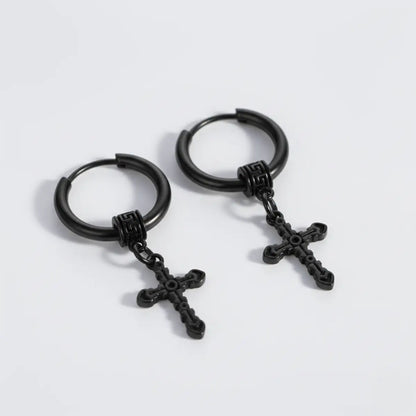Textured Cross Dangle Hoop Earrings Black Details