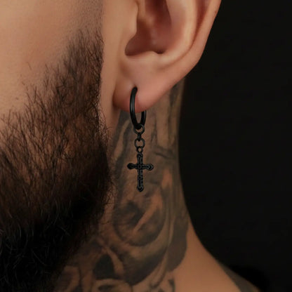 Textured Cross Dangle Hoop Earrings Black Worn by Male Model
