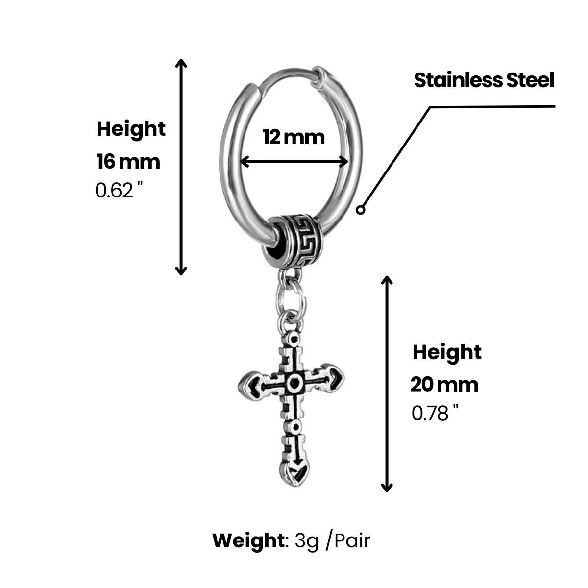 Textured Cross Dangle Hoop Earrings Dimensions and Weight