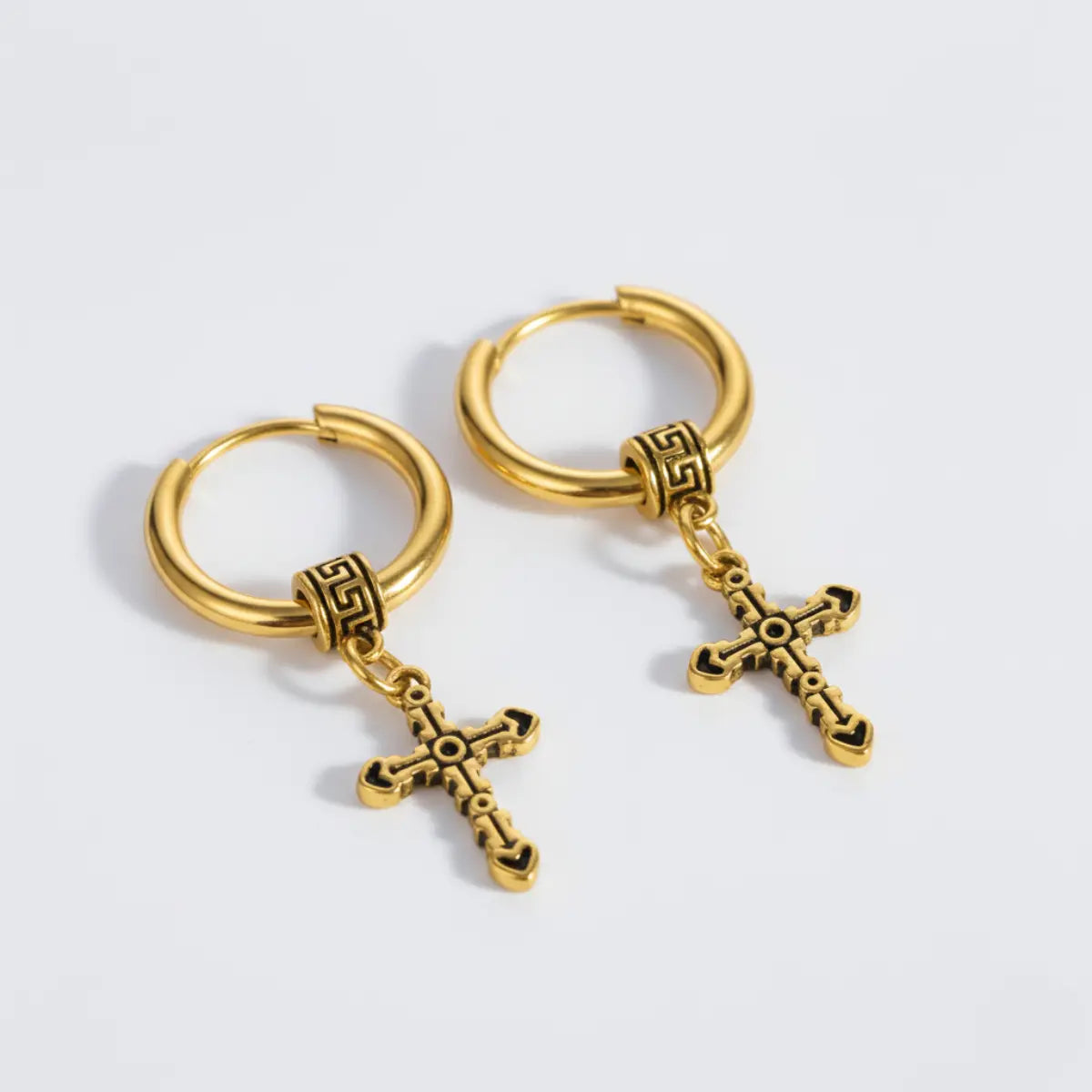 Textured Cross Dangle Hoop Earrings Gold Details