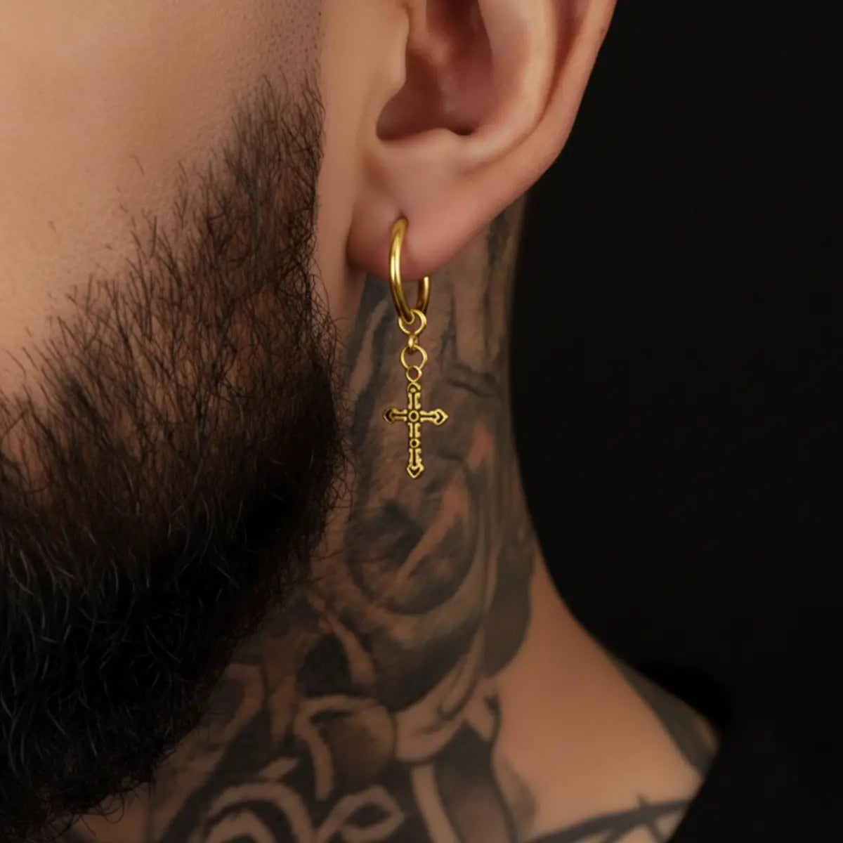 Textured Cross Dangle Hoop Earrings Gold Worn by Male Model