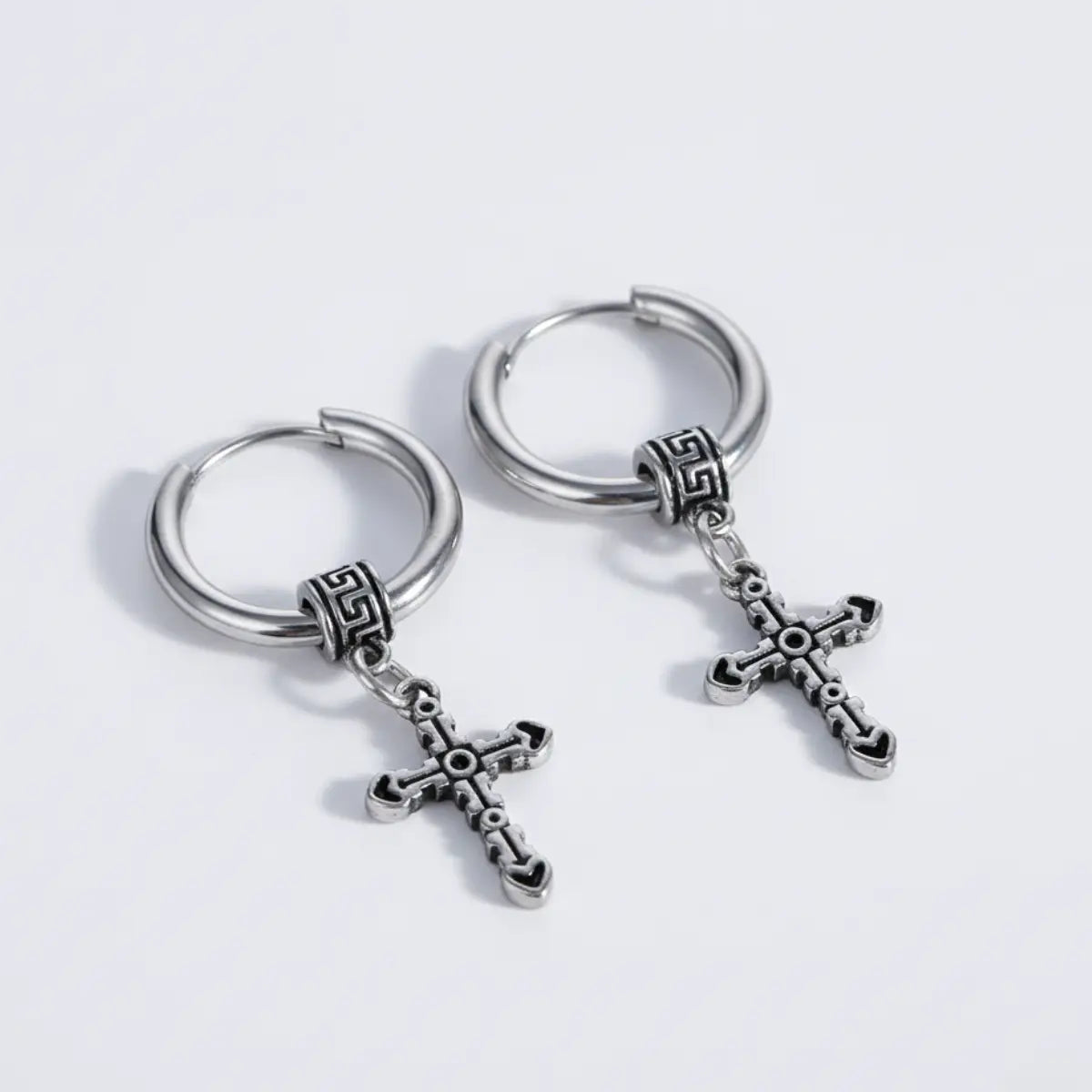 Textured Cross Dangle Hoop Earrings Silver Details
