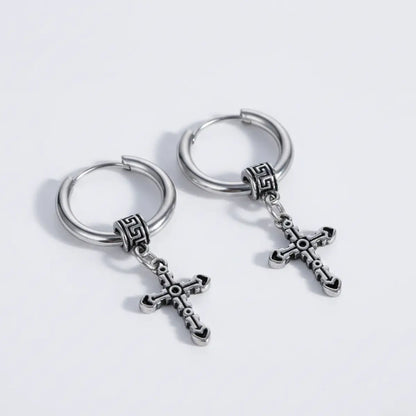 Textured Cross Dangle Hoop Earrings Silver Details