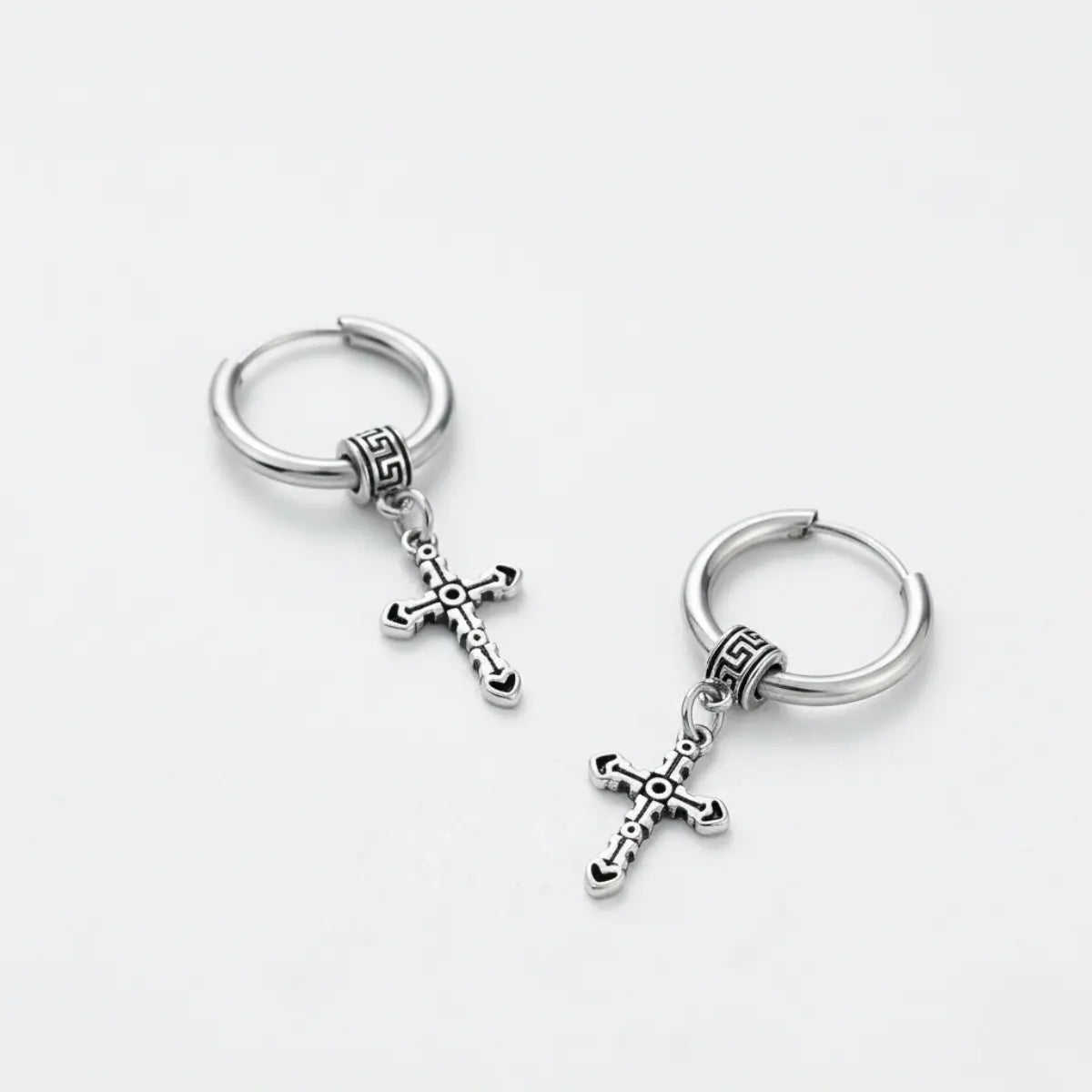 Textured Cross Dangle Hoop Earrings Silver Front